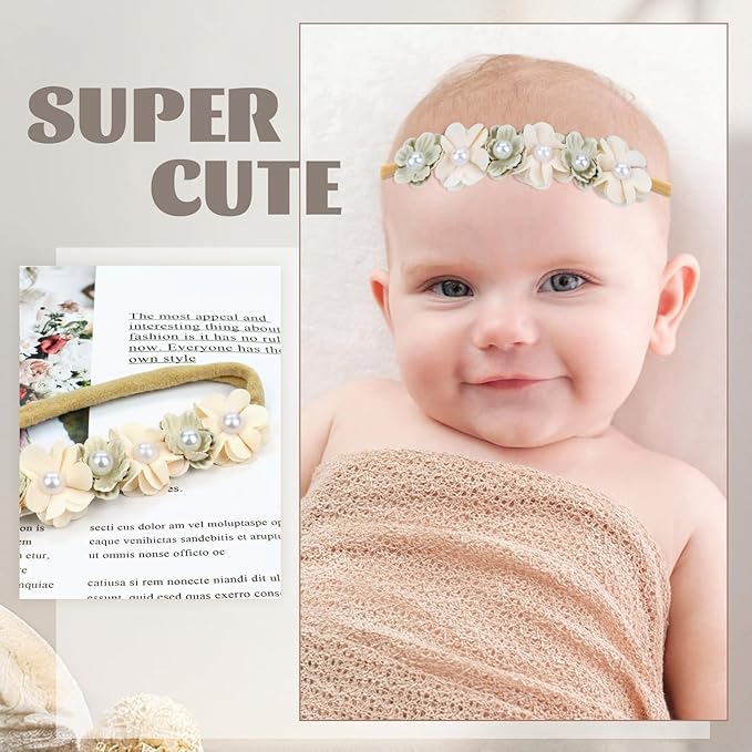 Dizila 6 Pieces Super Soft Stretchy White Ivory Baby Girl Flower Nylon Headbands Floral Hair Accessories for Newborns Infants Toddlers Girls Kids