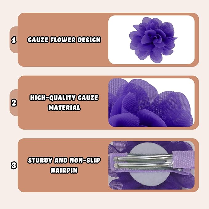 24 PCS 2" Chiffon Flower Hair Bows Clips Artificial Fabric Flower Tiny Baby Hair Clips Fine Accessories for Women Girls Kids (Purple)