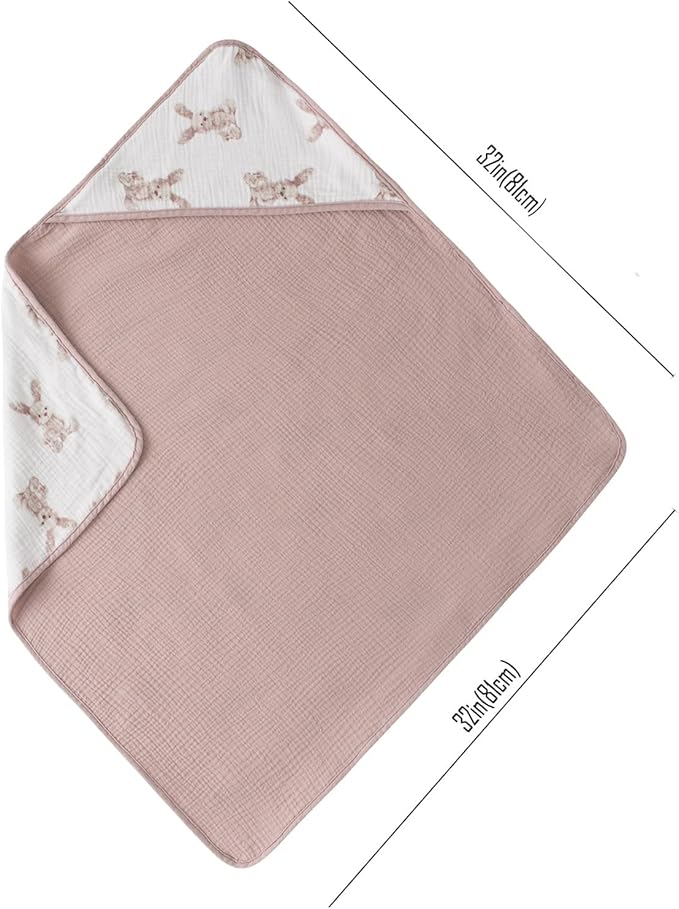 Little Jump Muslin Hooded Baby Bath Towels - 2 Pack 100% Cotton Towel for Babies, Infants, Toddlers - 32x32Inch - Highly Absorbent and Newborn Essential (Bunny)