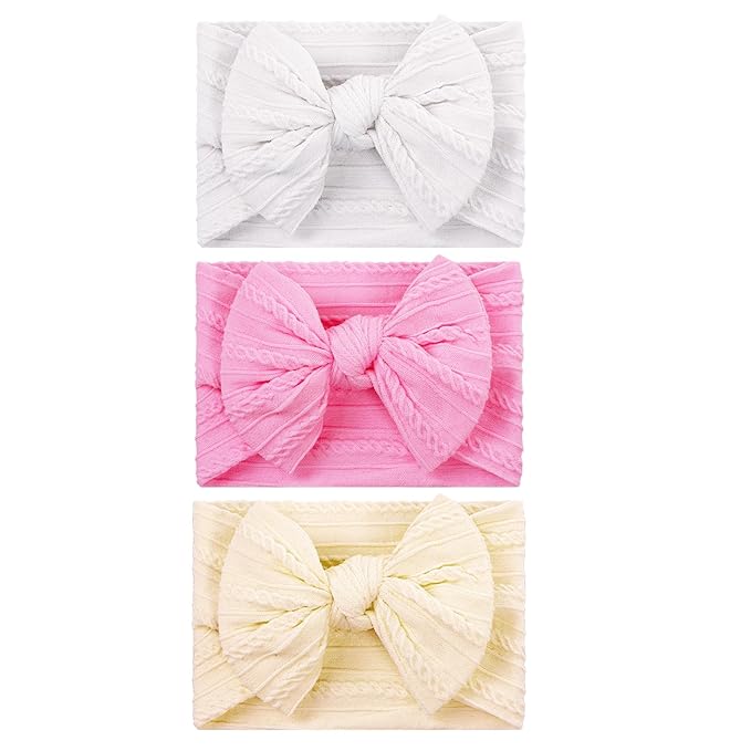baotongle 3pcs Baby Girls Headbands Soft Stretchy Nylon Hair Bands Hair Accessories with Bows for Newborn Baby Girls Infant Toddlers Kids(White,Light Pink,Beige, 5.7inches)
