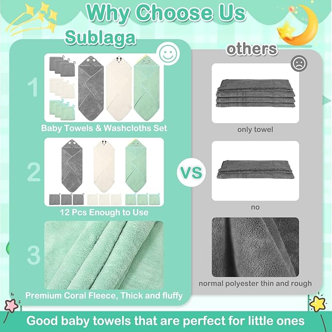 Sublaga 12 Pcs Baby Towels and Washcloths Set, Hooded Baby Towel, Soft and Absorbent Baby Bath Towels, 3 PCS Cute 32x32 in Baby Towel with Hood and 9 Pcs Baby Washcloths for Boys and Girls