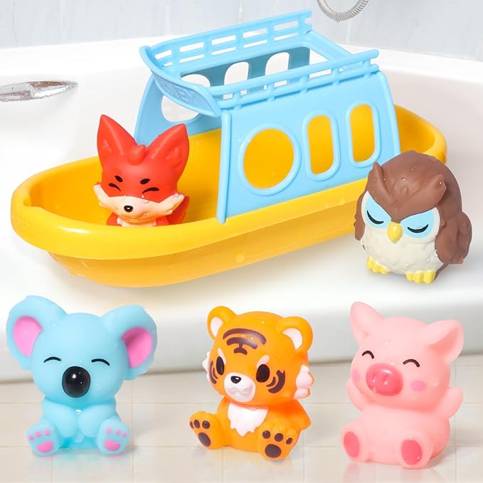 Oriate Bath Toys for Kid, 1 Boat and 5 Silicone Animal Finger Puppets, Sensory Learning Toy Set in The Bathtub, Pool, Beach, Easter Basket Stuffers Gifts for Kids Boys Girls 3 4 5 6 Year Old