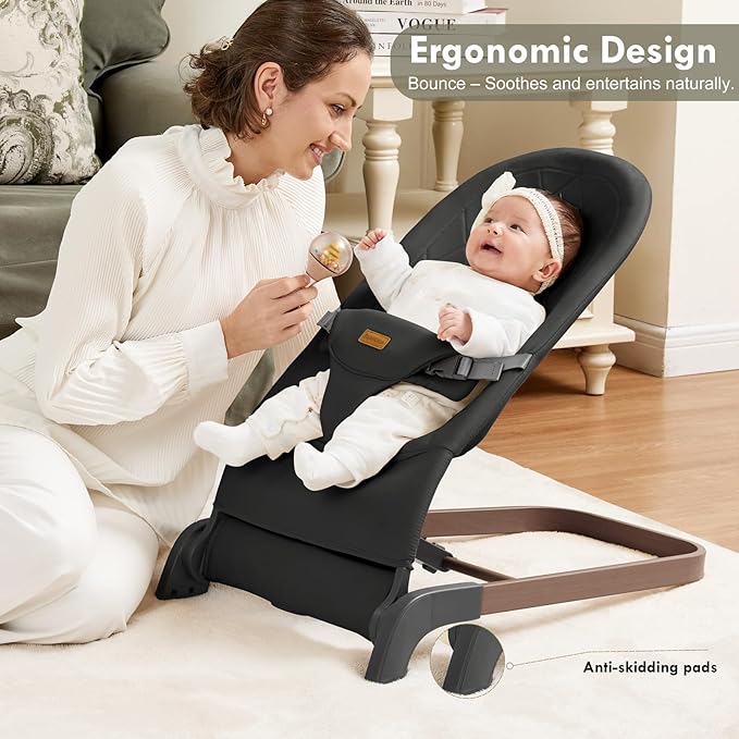 Foldable Baby Bouncer, Baby Seat with 3 Adjustable Heights, Portable Newborn Rocker, Ergonomic Bouncy Seat for Natural Bounce, Bouncer for Babies 0-6 Months, Soft Cotton (Charcoal Gray)