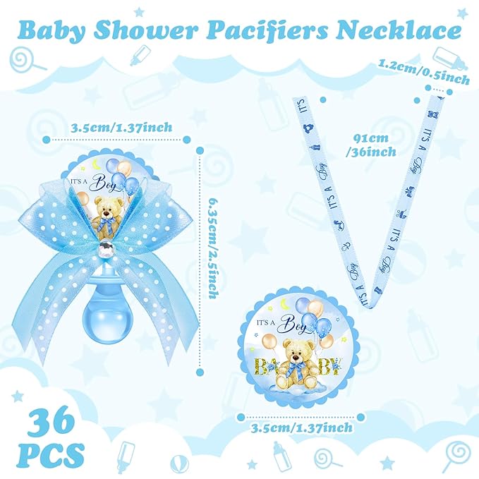 Hotop 36 Pcs Baby Shower Pacifier Necklace Bulk Bear Acrylic Pacifier Necklace for Baby Shower Charm Necklaces Party Favors for Girls Boys Gender Reveal Decoration Table Pieces(Blue,Boy)