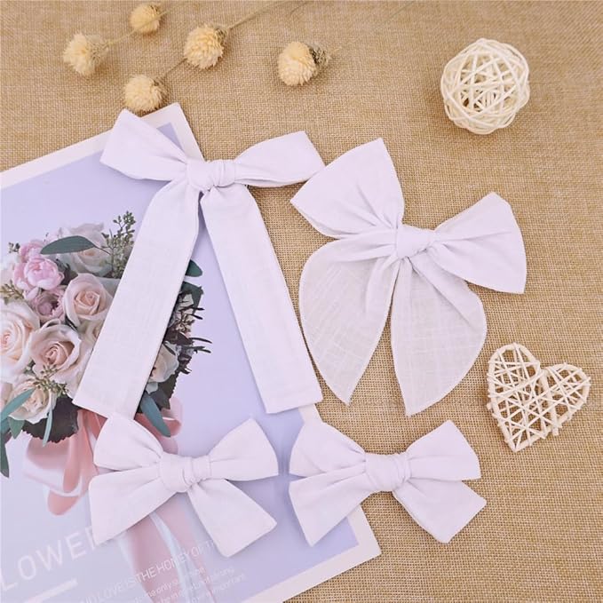 3 Styles Hair Bow Clips for Little Girls Toddler Baby Mom Women Hair Barrettes Accessories 4 Pcs Cotton Linen Bows White