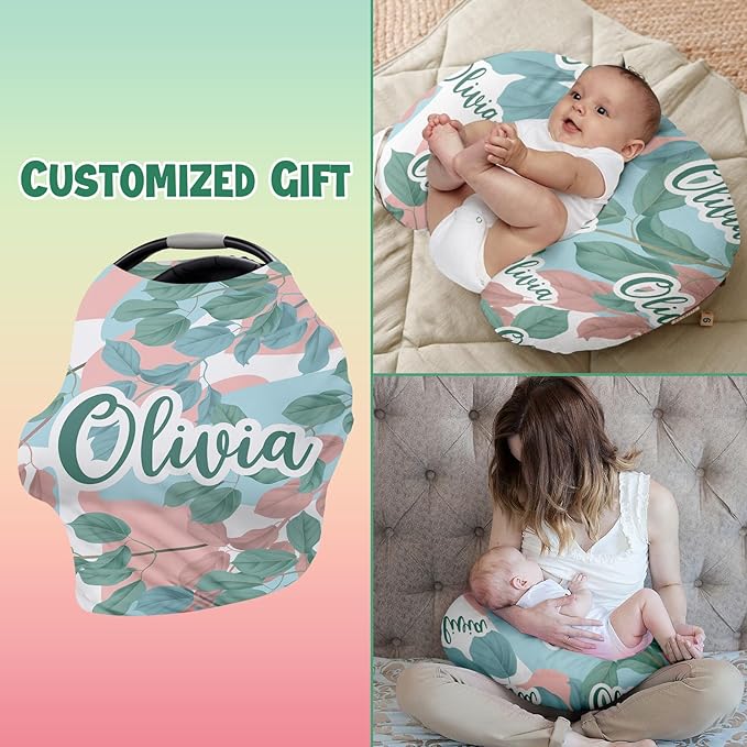 Personalised Car Seat Cover for Babies - Multi-use Carseat Canopy Cover with Name, Car Seat Covers, Christmas Birthday Gifts for Infant Boys and Girls Pink Leaf Print