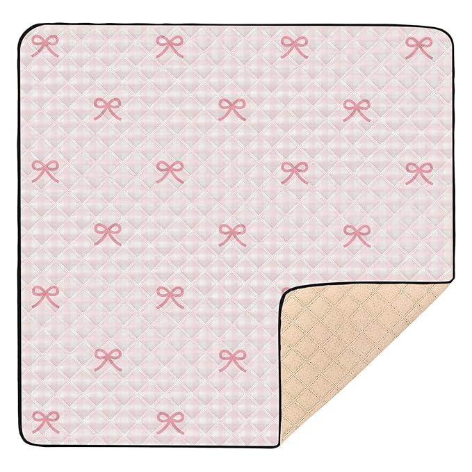 Baby Play Mat Pink Checkered and Bows 50 x 50 Playpen Mat Baby Play Mats for Floor Play Gym Crawling Mat Non-Slip Cushioned Baby Playmat for Infants, Babies, Toddlers