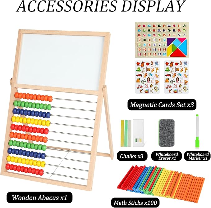 Wooden Abacus for Kids Math – Double-Sided Drawing Board with 100 Counting Sticks, 3 Sets Cards, Clock & Accessories, Educational Learning Toy for Ages 3-8, Homeschool & Preschool Essentials