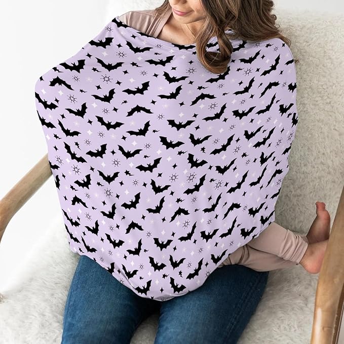 Purple Pastel Halloween Baby Car Seat Covers Black Bat and Stars Stretchy 5-in-1 Cover Adjustable Infant Carseat Canopy Cover Spooky Halloween Night Breathable Nursing Cover-Up