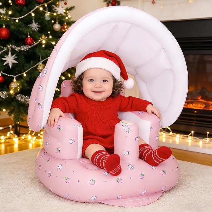 AirSwim Inflatable Baby Seat with Detachable Canopy and Built-in Pump, Inflatable Baby Chair for Babies 3 Months and Up, Sit Me Up Chair for Outdoor Indoor, Bumbo Seat for Infants, Strawberry