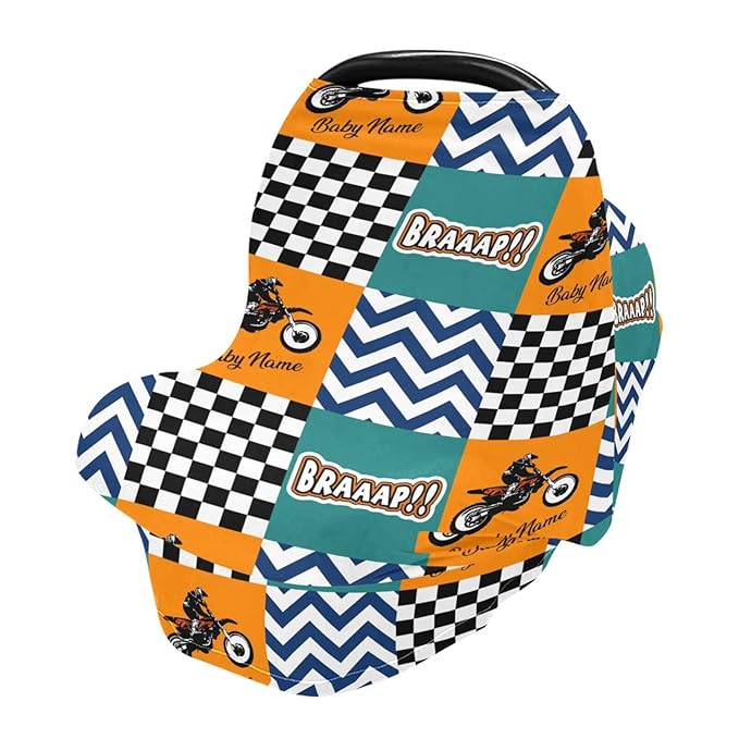 Personalized Baby Car Seat Cover for Babies, Custom Name Baby Car Seats Canopy for Boys Girls, Nursing Breastfeeding Stroller Covers for Infant Newborn, Shower Gift for Baby (Dirt Bike)