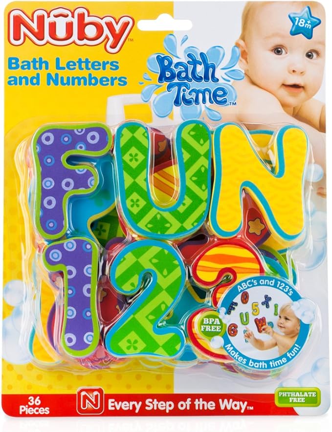 Nuby Floating Bath Tub Alphabet and Numbers Set - Soft Foam Waterproof Letters and Numbers - 36 Pieces - Educational Bath Toys for Kids - 3+ Years