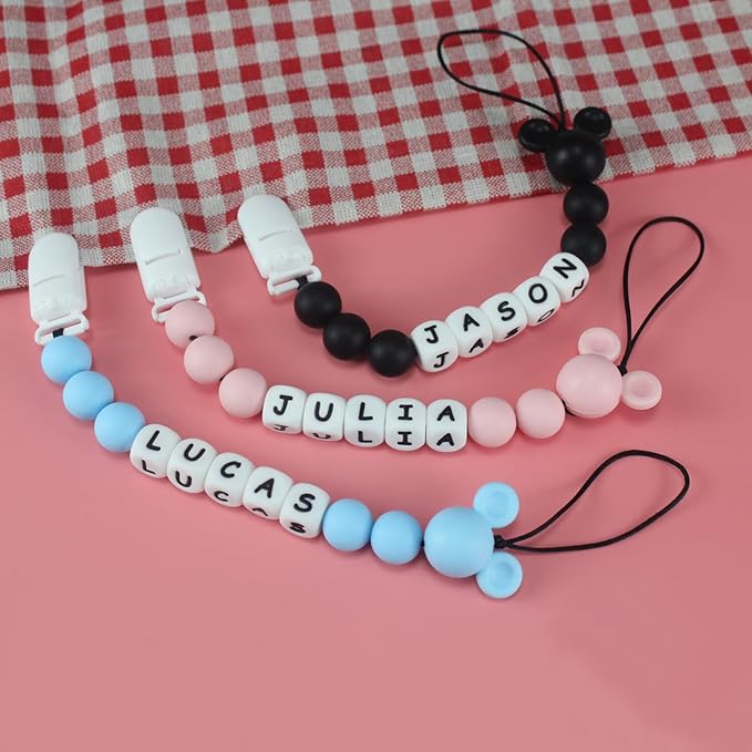 Personalized Pacifier Clip with Name, Customized Pacifier Clip with Name for Baby, Pacifier Holder with Cute Mouse Head