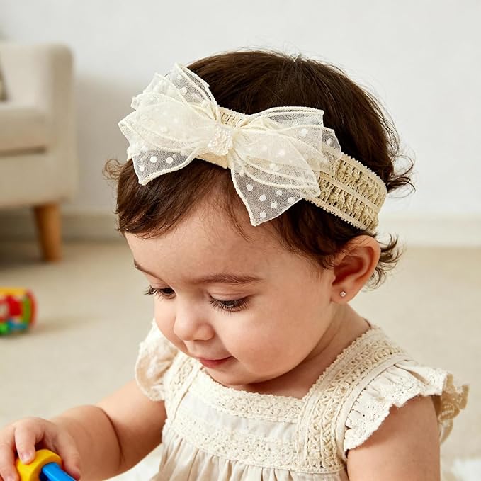 Baby Girls Hairband White Bow Lace Headbands Handmade Soft Stretchy Bowknot Hairbands Newborn Headband with Bows Pearls Elastic Head Band for Newborn Infant(Gauze Polka Dot Bow)