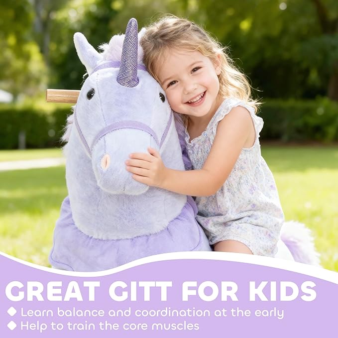 Qaba Ride on Horse for Kids 4-7 Years, 37.8 Inch Height Plush Riding Unicorn, Walking Horse Animal with Rolling Wheels for Active Play, No Batteries Required, Purple