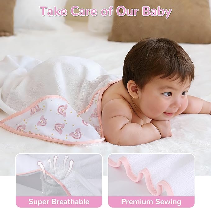Viviland 6 Pcs Hooded Baby Towels and Washcloths Set, Super Gentle Bath Towels for Newborn Face & Body, Absorbent Wash Cloth for Infants Girls, Pink-Rainbow Pattern, 28 x 28 inch