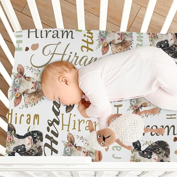 Personalized Cute Cow Pack N Play Sheets for Baby Girls Boys, Customized Mini Crib Sheets with Name, Stretchy Portable Playard Mattress Sheet Playpen Sheets, Gift for Newborn Infant