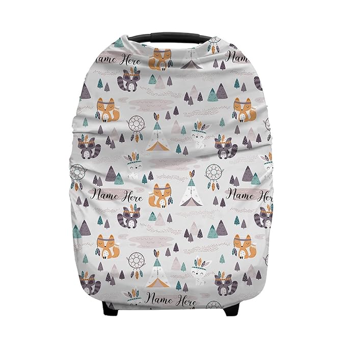 Personalized Woodland Fox Baby Car Seat Covers with Name, Custom Nursing Cover Breastfeeding for Babies, Carseat Canopy for Boys and Girls, Infant Stroller Cover, Breathable Carseats Cover