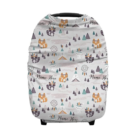 Personalized Woodland Fox Baby Car Seat Covers with Name, Custom Nursing Cover Breastfeeding for Babies, Carseat Canopy for Boys and Girls, Infant Stroller Cover, Breathable Carseats Cover