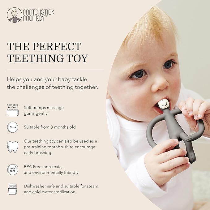 Matchstick Monkey Original Teether & Gel Applicator – Silicone Baby Teether, Easy-to-Grip, BPA-Free, Supports Self-Soothing & Early Brushing, 3 Months+, 4 Inches, Grey
