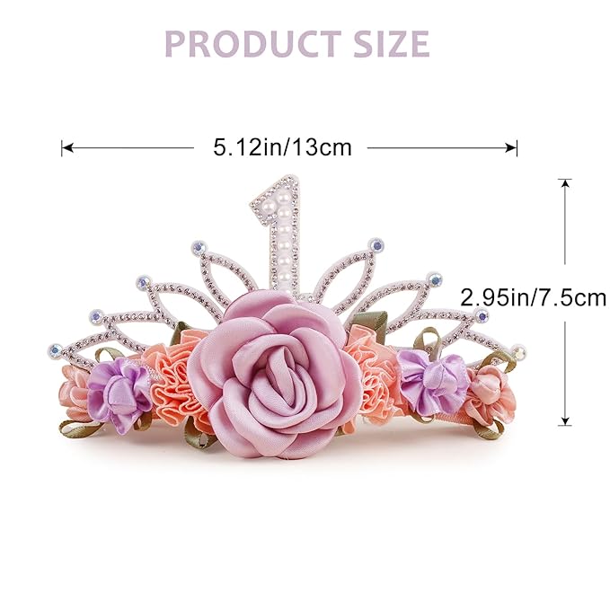 cherrboll Flower Headband Birthday Crown for Girl, Floral Nylon Hairband for 1-3 Years Old Toddler, First 1st Birthday Party Dress Photo Decoration Hair Accessory