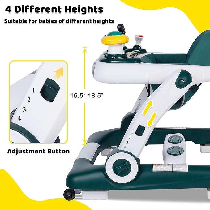 TODEFULL 6 in 1 Baby Walker, Baby Activity Walker for Toddler, Push Walker w/Adjustable Height Speed, Learning-Seated & Walk-Behind, Infant Walker w/Feeding Tray & Music Toys, Green