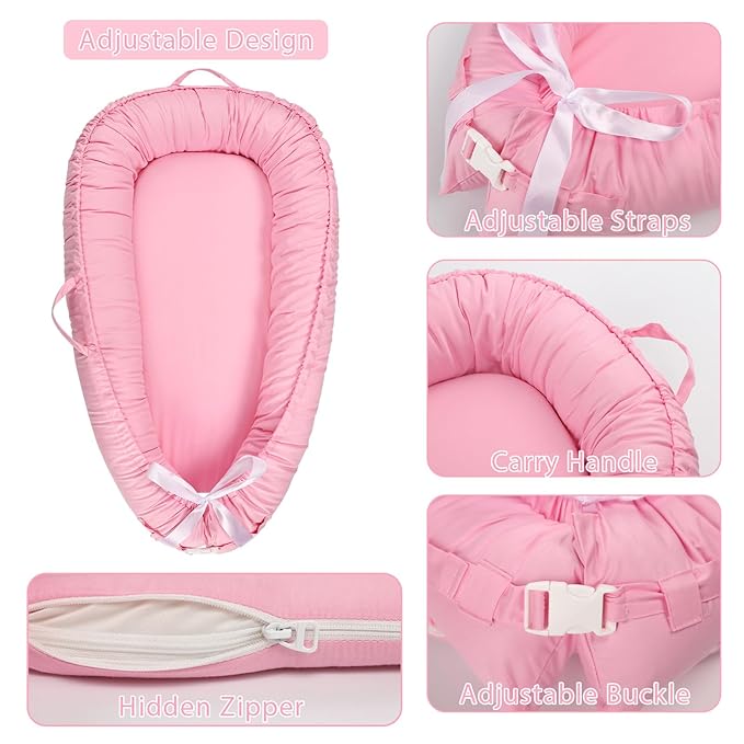 Hooyax Baby Lounger Cover Only, 100% Cotton Newborn Nest Cover, Soft Portable Baby Nest Replacement Cover for Boys Girls, Breathable Infant Lounger Covers, Baby Essential (Pink)