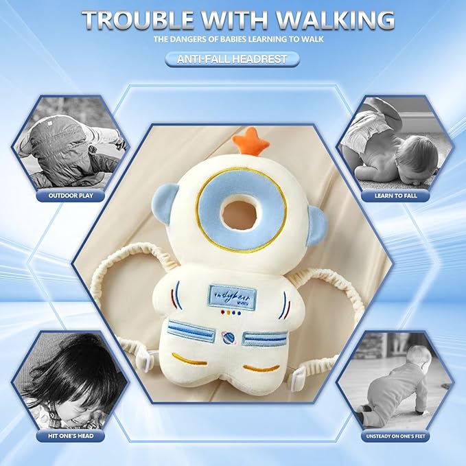 Baby Walker Head Protector Backpack Toddler Adjustable Head Protection Safety Pad for 5-24 Months Learning Walking Crawling Astronaut