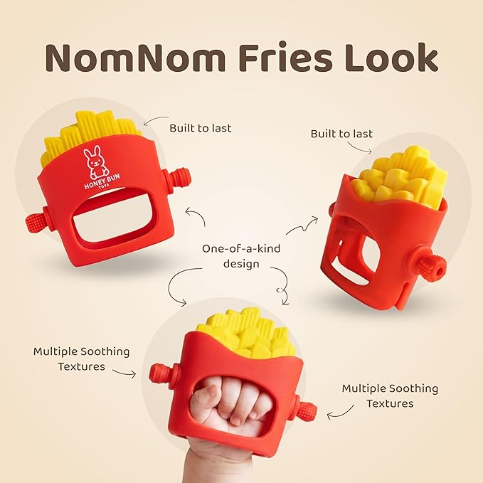 French Fries Baby Teething Toys - Teething Mitten, Baby Chew Toy, Teethers for Babies 3-6 Months and 6-12 Months, Newborn Essentials Must Haves, Parent-Designed by Honey Bun Toys