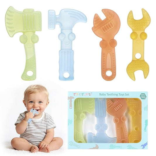 TYRY.HU Baby Teething Toys for Babies 0-6 Months 6-12 Months, BPA Free Silicone Baby Molar Teether Chew Toys, Hammer Wrench Spanner Pliers for Boys Girls, Soft-Textured, Easy to Hold & Clean, 4 Packs