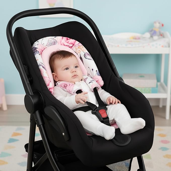 Baby Car Seat Head Body Support & Strap Covers, 2 in 1 Infant Car Seat Insert, Reversible Soft Breathable Newborn Cushion Pads for Preemie, Perfect for Baby Carseats, Strollers, Swings (Floral)