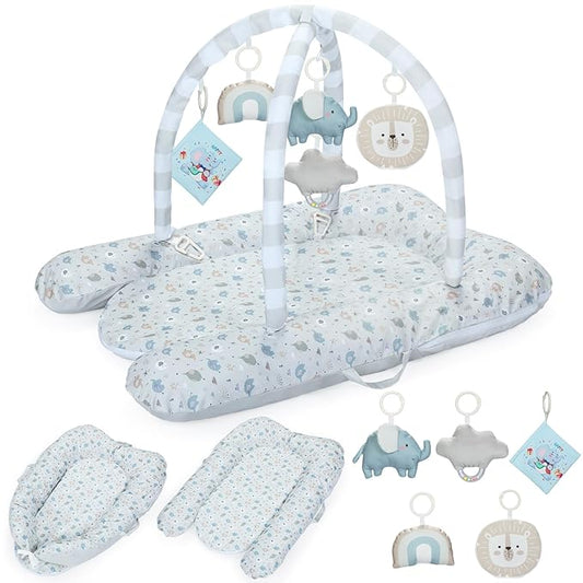 7-in-1 Baby Play Mat & Activity Gym, 0-12 Months Multi-Use Play Center with 5 Hanging Sensory Toys, Early Skill Building, Elephant