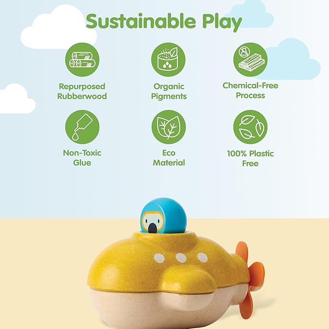 PlanToys® Submarine Wooden Baby Bath Toy for Toddlers | Waterproof Pool Toy | Educational Bathtub Toy for Fine Motor Skills & Imagination | Non-Toxic Toy 18+ Months
