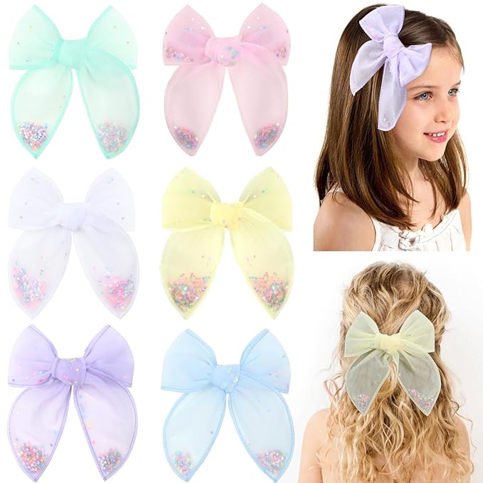 6 PCS Tulle Hair Bows for Girls, CN Toddler Bows with Glitter Star Alligator, Colorful Hair Barrettes Wedding Hair Grips Accessories for Baby Girls Infants Toddler Teens Party (Type A)
