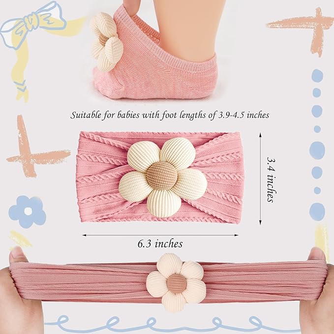 WillingTee Baby Girl Headband and Socks, Non-Slip Floral Socks and Soft Floral Nylon Hairbands for Babies Infants and Toddlers 0-12 Months