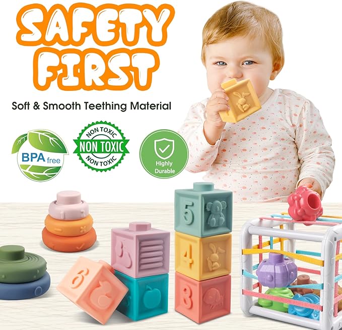 Plunack 4-in-1 Baby Toys Montessori Soft Stacking Blocks for Babies, Infants Teething Toys, Sensory Balls and Educational Learning Set for Toddlers (Boys & Girls)