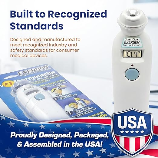 Exergen TAT-2000C Temporal Artery Thermometer – Temporal Thermometer for Kids, Newborns & Adults, Soft Glow Display, Silent Mode, 9V Battery Included