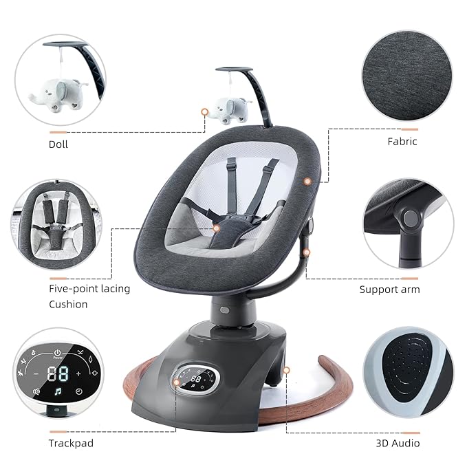 VaVaSoo Electric Baby Swing for Infants Mamroo with Remote Control, Rocker with 6 motions, 5 Speeds, 13 Music Include White Noise, 5 Point Harness, 3 Seat Positions for Newborn Boy Girl Max 20 Lbs