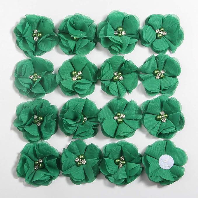 50 Pcs 2" Mini Chiffon Flowers with Rhinestones for Baby Girls Hair Accessories Artificial Fabric Flowers for Headbands Craft Projects (Green)