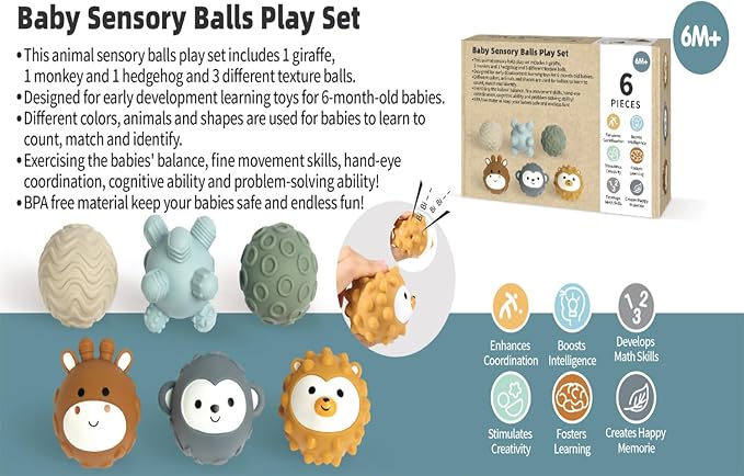 Baby Soft Textured Multi Soft Ball Gift Sets,Sensory Balls for Toddlers 06-18 Months,Cute Animal Shapes Sensory Ball for Babies,Montessori Toys for Babies 6-18 Months 6 Pack(Standard Edition)