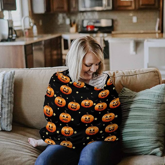 Nursing Covers for Breastfeeding All-in-1 Stretchy Breathable Carseat Canopy Halloween Nursing Cover Up for Girls, Boys 26x27.6 inches Various Expressions of Pumpkin