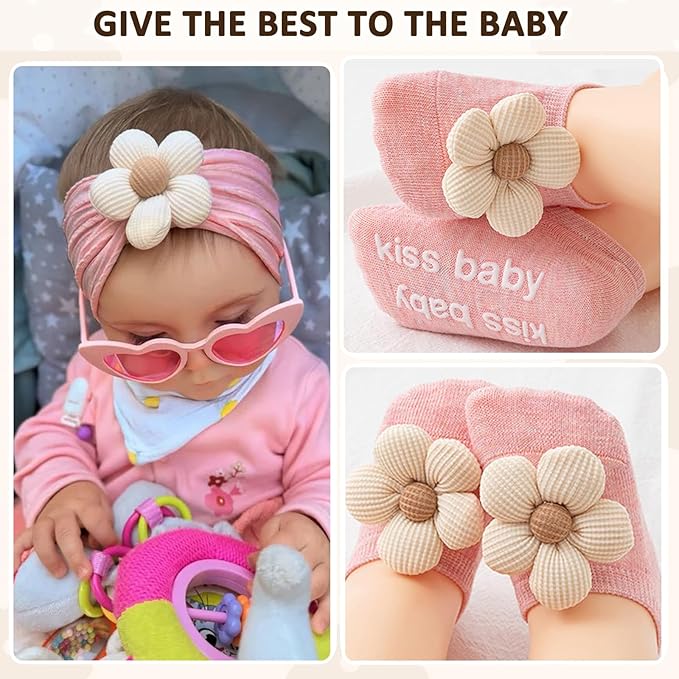 KEAINVRN Baby Girl Headbands and Socks,Non-Slip Grips Socks Flower Soft Hairbands Hair Accessories for Infant Toddler Kids (US, Age, 6 Months, 12 Months, pink beige)