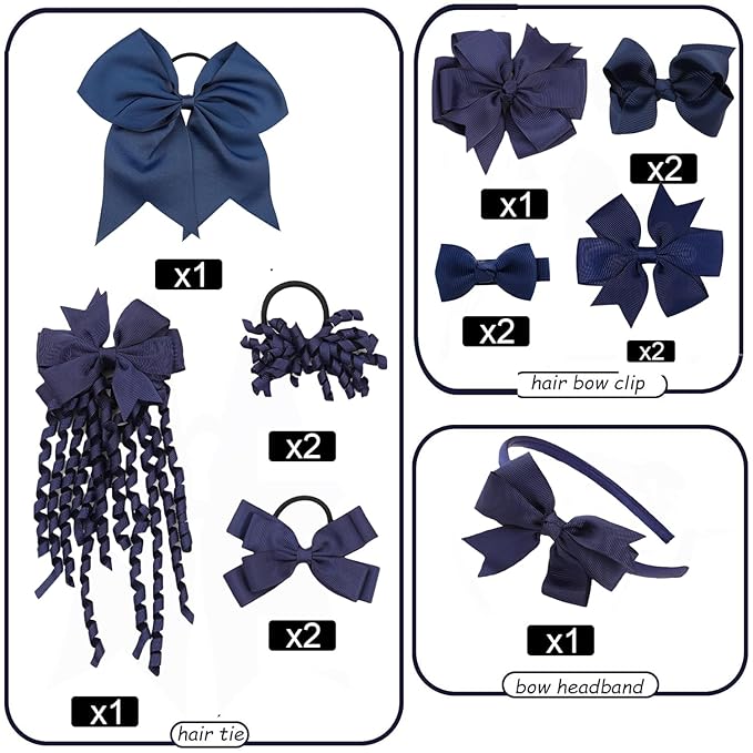 School Hair Accessories Set 14 Pcs Uniform Hair Bow Headband Clips Hair Ties Curly Korker Bows for Little Toddler School Girls (Navy)