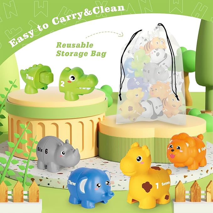 Jetbotell Learning Toys for 2 3 4 Year Old, 20 Pcs Number Matching Game with Digital English, 10 Different Animal Figures, Preschool Activities Montessori Fine Motor Toys for Toddlers Kids