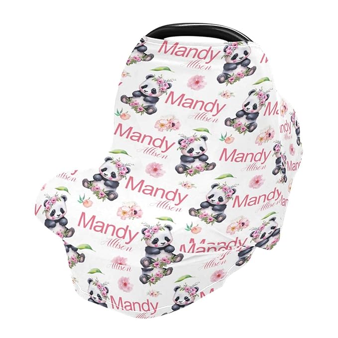 Personalized Baby Car Seat Cover for Girls, Custom Nursing Covers for Breastfeeding with Name, Panda Bear Floral Infant Stroller Cover, Baby Carseat Canopy for Newborn, Multiuse Car Seat Canopies