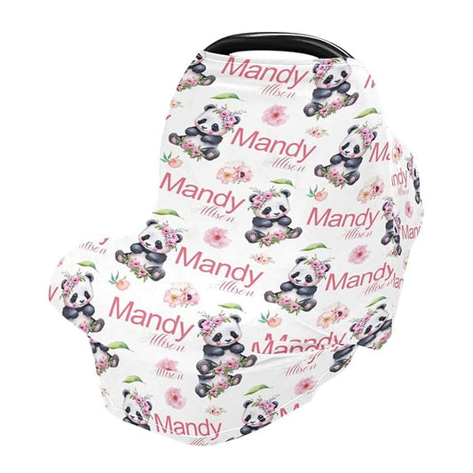 Personalized Baby Car Seat Cover for Girls, Custom Nursing Covers for Breastfeeding with Name, Panda Bear Floral Infant Stroller Cover, Baby Carseat Canopy for Newborn, Multiuse Car Seat Canopies