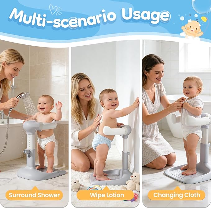 Upgraded Baby Shower Stand with Anti-Pinch Silicone & Anti-Slip Base, Adjustable Height Baby Bath Standing Support, Soporte para Bañera de Bebé Assist Holder for 6-36 Months Toddler, Ideal Gift, Gray
