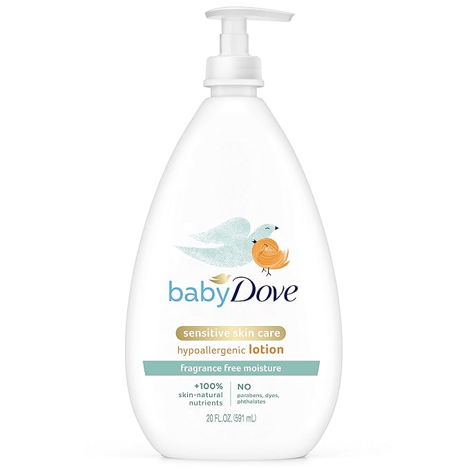 Baby Dove Face and Body Lotion for Sensitive Skin Moisture Fragrance-Free Baby Lotion 20 oz & Rich Moisture Face and Body Lotion 24-Hour Moisturizer 20 fl oz Bundle
