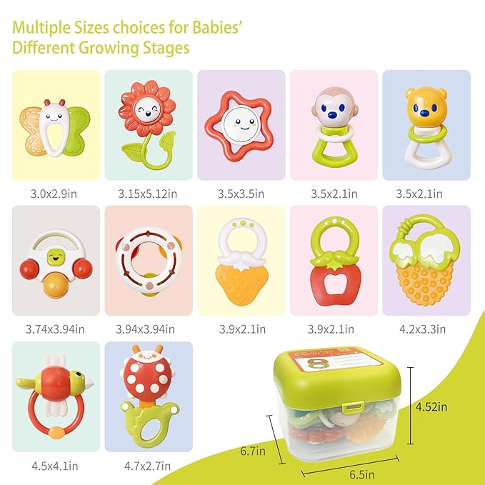 Cuterabit 12PCS Baby Rattles Toys Set with Storage Case, Teething Toys for Babies, Newborn Christmas Gift for Baby Infant Boys and Girls 0 1 2 3 4 5 6 7 8 9 10 11 12 Months