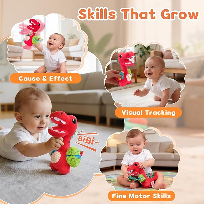 Baby Toy 0-12 Months - BPA-Free Soft Plush Sensory Toy with Gentle Squeaker, Safe Hand Grip & Teething Relief, Portable Newborn Toy for Diaper Bag, Baby Shower Gift (Red Dinosaur)